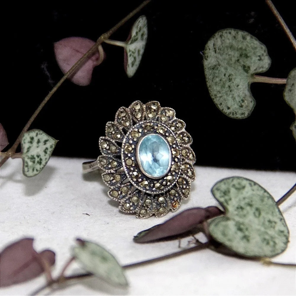 Vintage Sterling Silver Blue Topaz Marcasite Art Deco Style Sunburst Ring Size 9